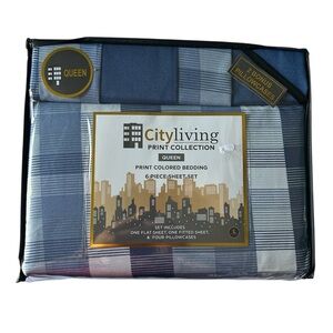 City living Print Collection Queen Size Blue/white 6-Piece Bedding Set